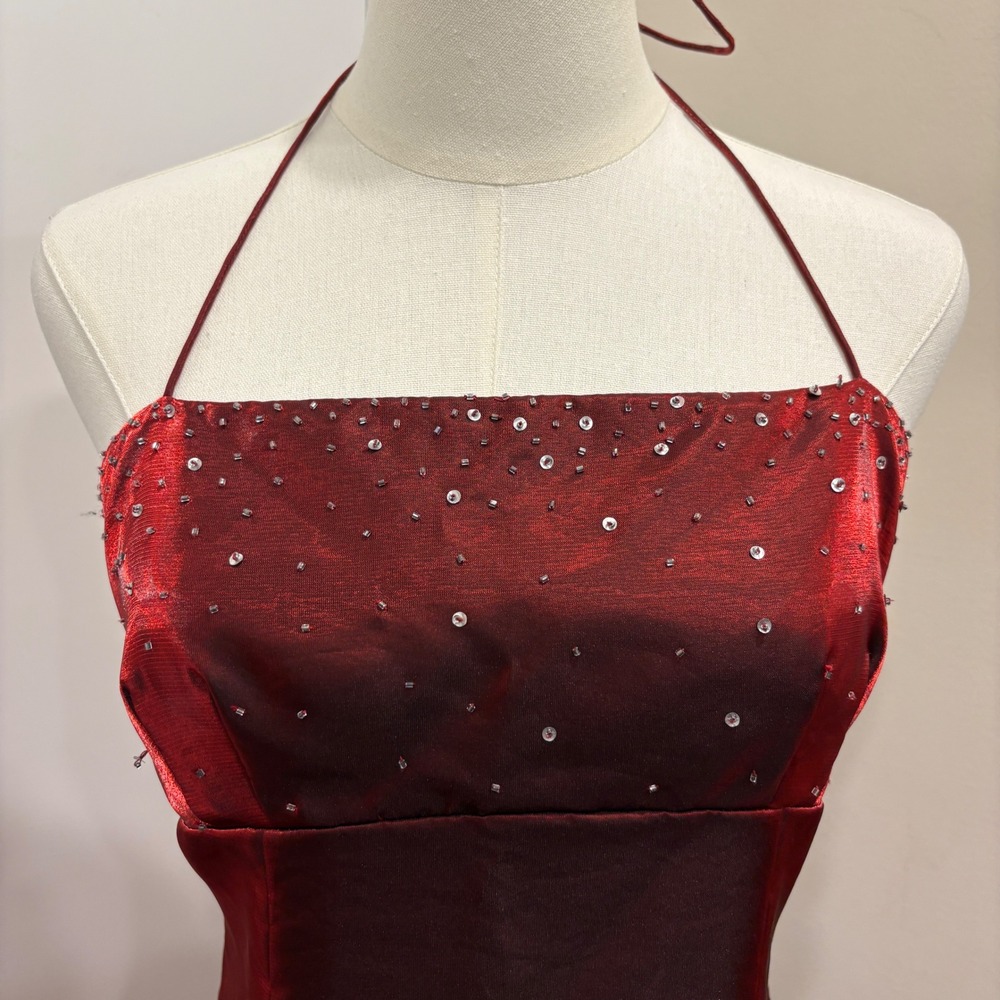 Y2K Zum Zum by Niki Livas Red Iridescent Beaded Halter Prom Ball Gown Goth Small - Picture 4 of 12